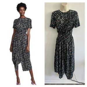Preen Line‎ XS Black Floral Keziah Midi Dress Asymmetrical Shirred Scarf Hem